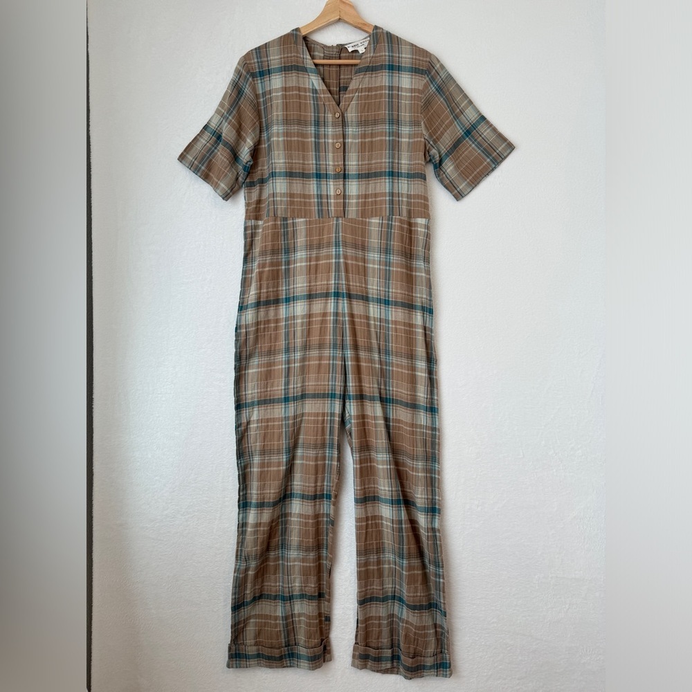 Plaid Short-Sleeve Jumpsuit in Brown and Teal